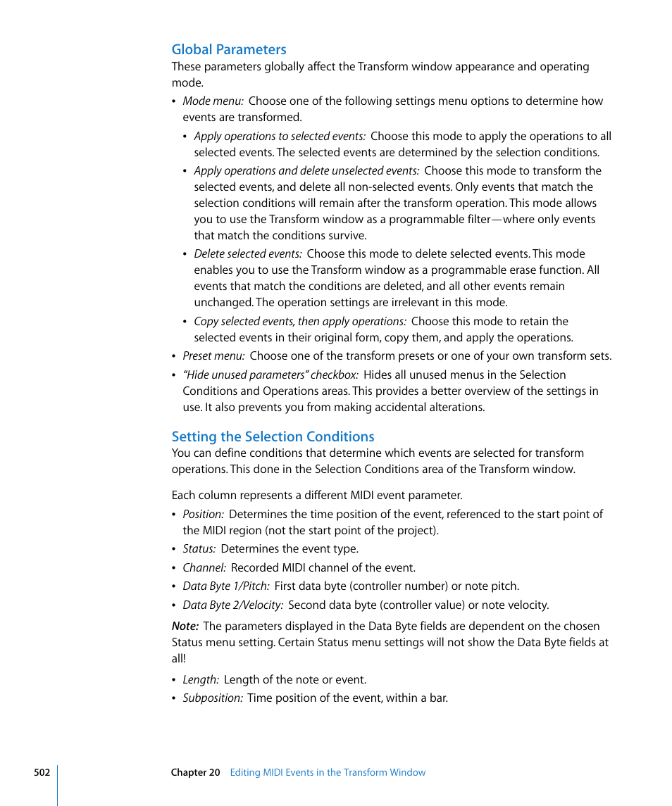 Global parameters, Setting the selection conditions | Apple Logic Express 8 User Manual | Page 502 / 1055