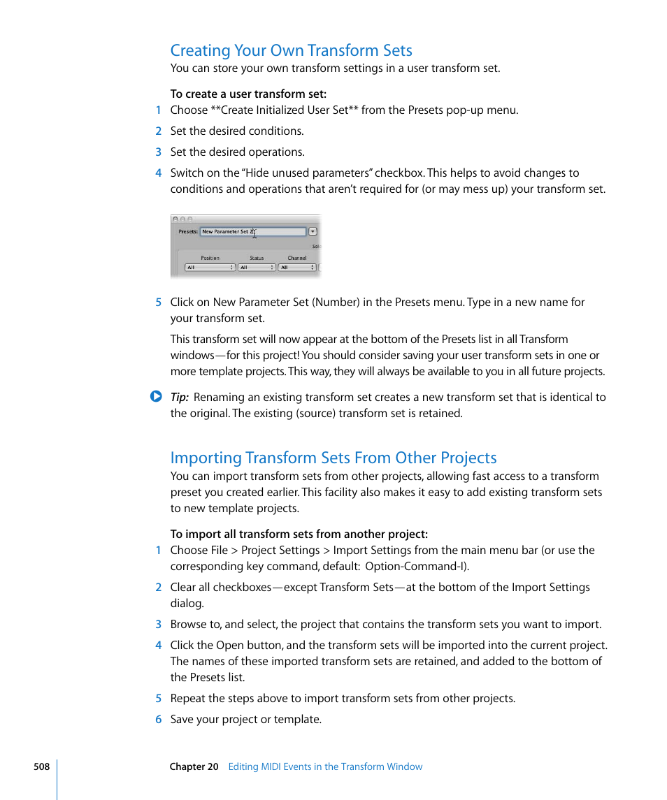 Creating your own transform sets, Importing transform sets from other projects | Apple Logic Express 8 User Manual | Page 508 / 1055