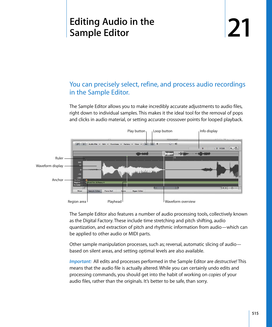 Editing audio in the sample editor, Chapter 21 | Apple Logic Express 8 User Manual | Page 515 / 1055