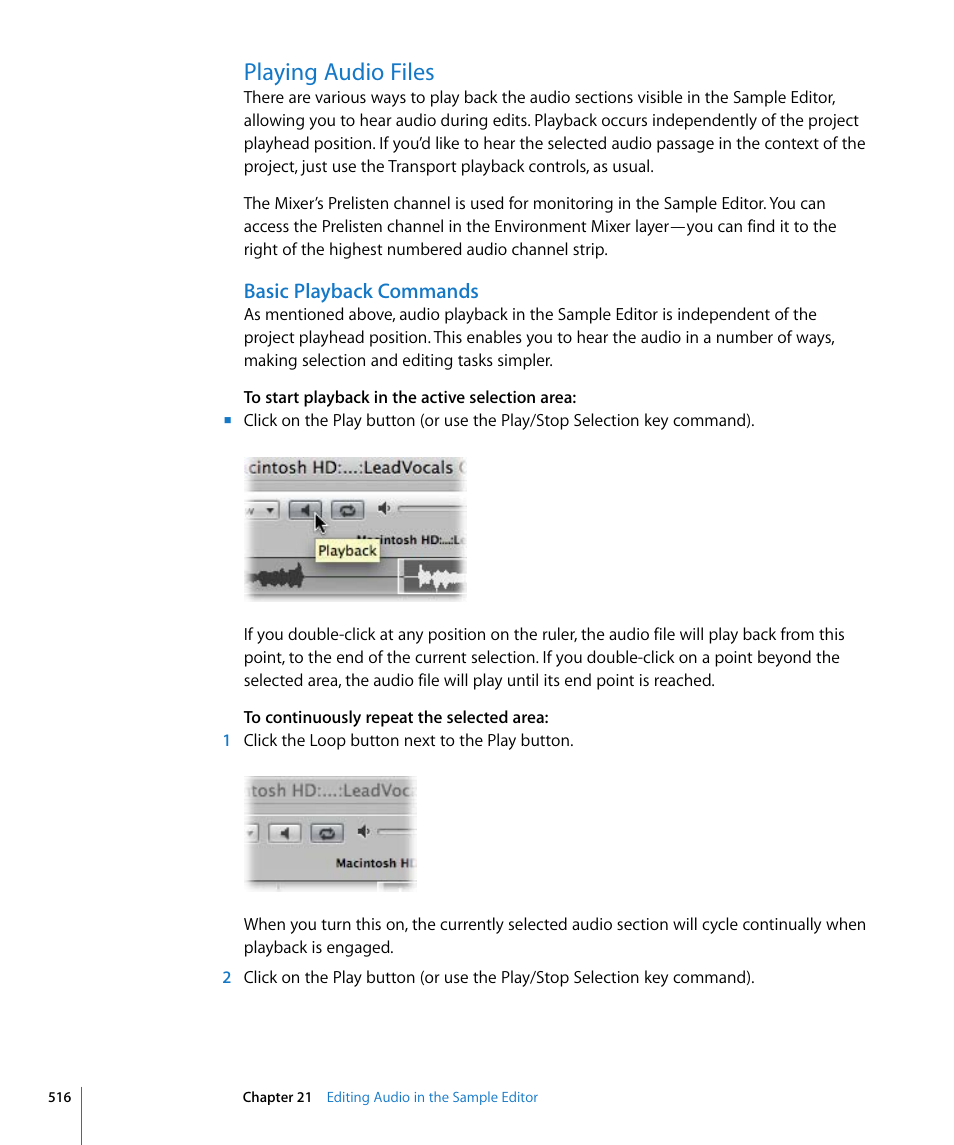 Playing audio files, Basic playback commands | Apple Logic Express 8 User Manual | Page 516 / 1055