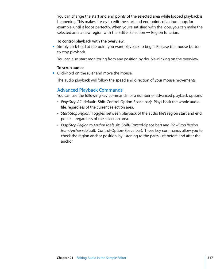 Advanced playback commands | Apple Logic Express 8 User Manual | Page 517 / 1055