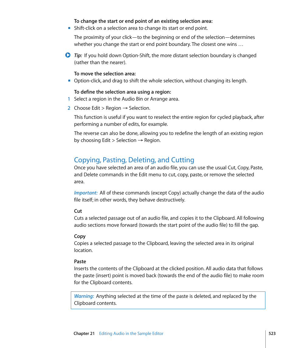 Copying, pasting, deleting, and cutting | Apple Logic Express 8 User Manual | Page 523 / 1055