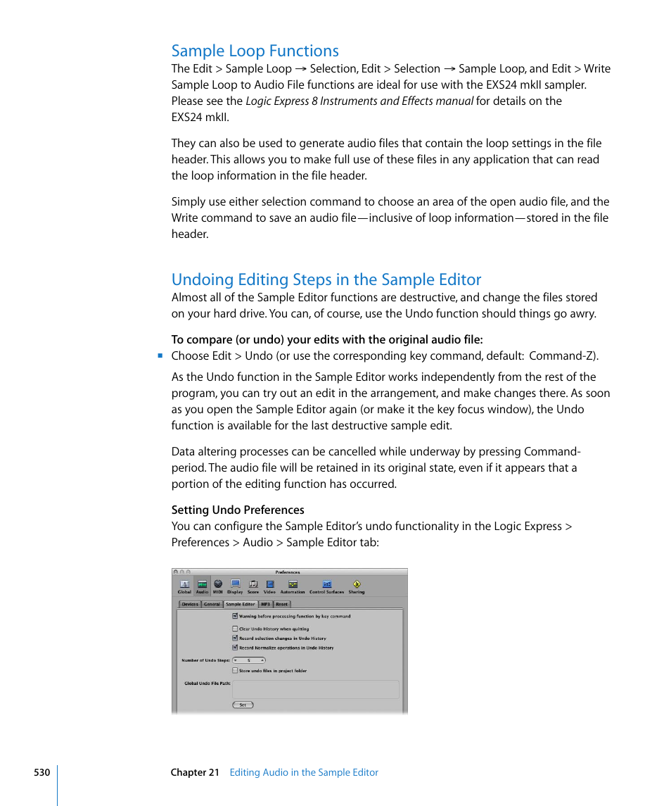 Sample loop functions, Undoing editing steps in the sample editor | Apple Logic Express 8 User Manual | Page 530 / 1055