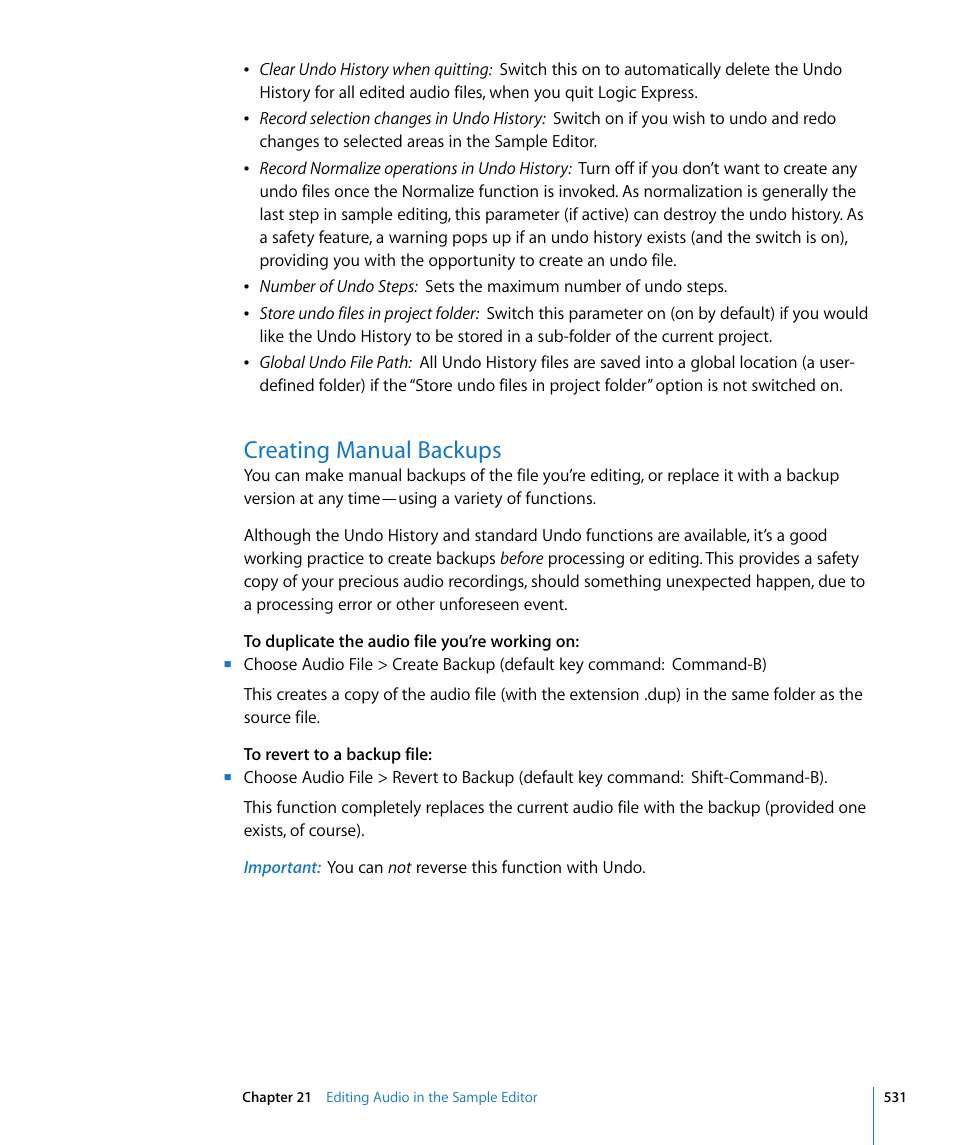 Creating manual backups | Apple Logic Express 8 User Manual | Page 531 / 1055