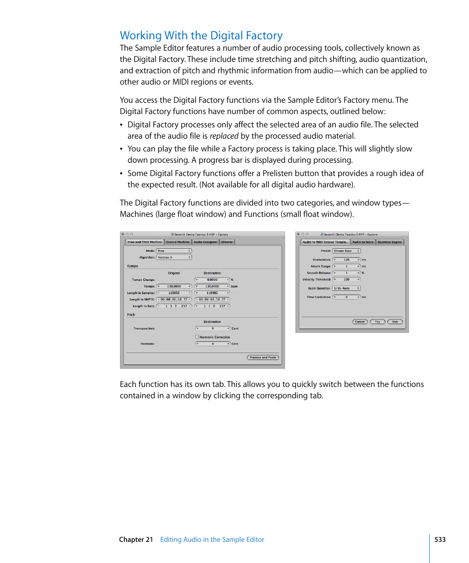 Working with the digital factory, E discussed in, Working with the digital | Factory | Apple Logic Express 8 User Manual | Page 533 / 1055