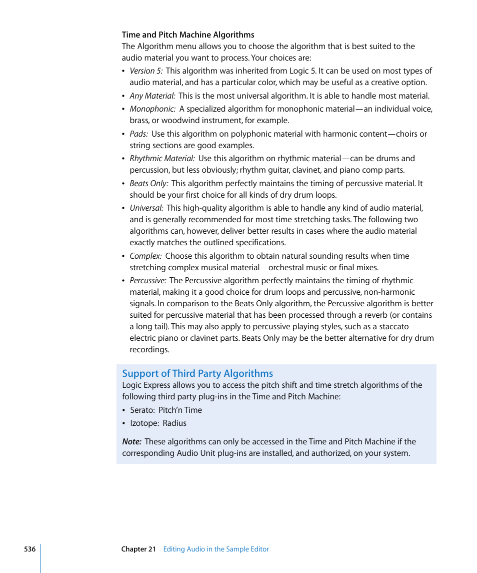 Support of third party algorithms | Apple Logic Express 8 User Manual | Page 536 / 1055