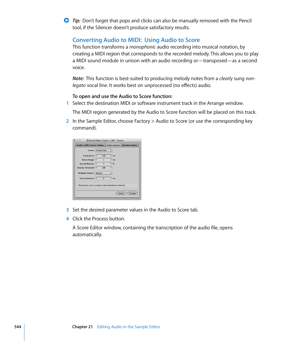 Converting audio to midi: using audio to score | Apple Logic Express 8 User Manual | Page 544 / 1055