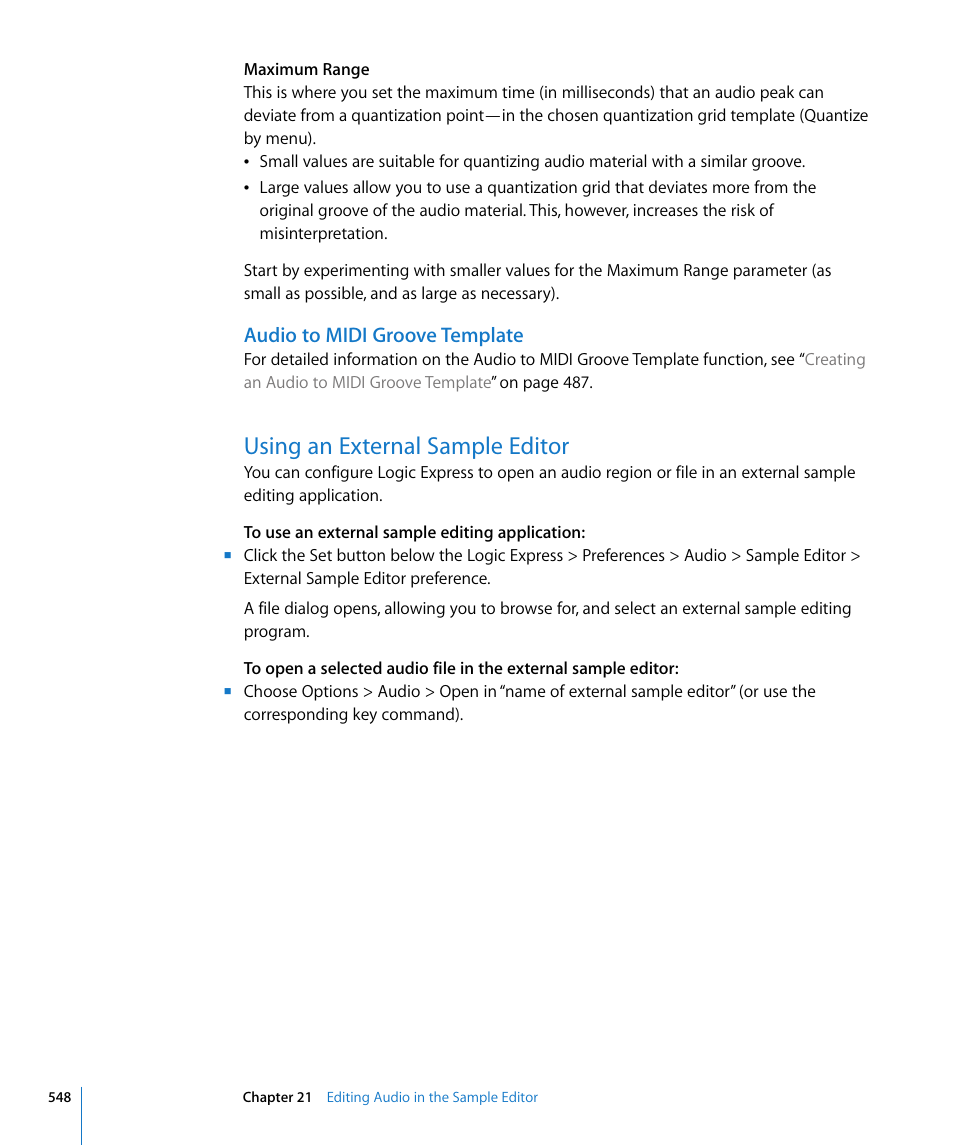 Audio to midi groove template, Using an external sample editor | Apple Logic Express 8 User Manual | Page 548 / 1055