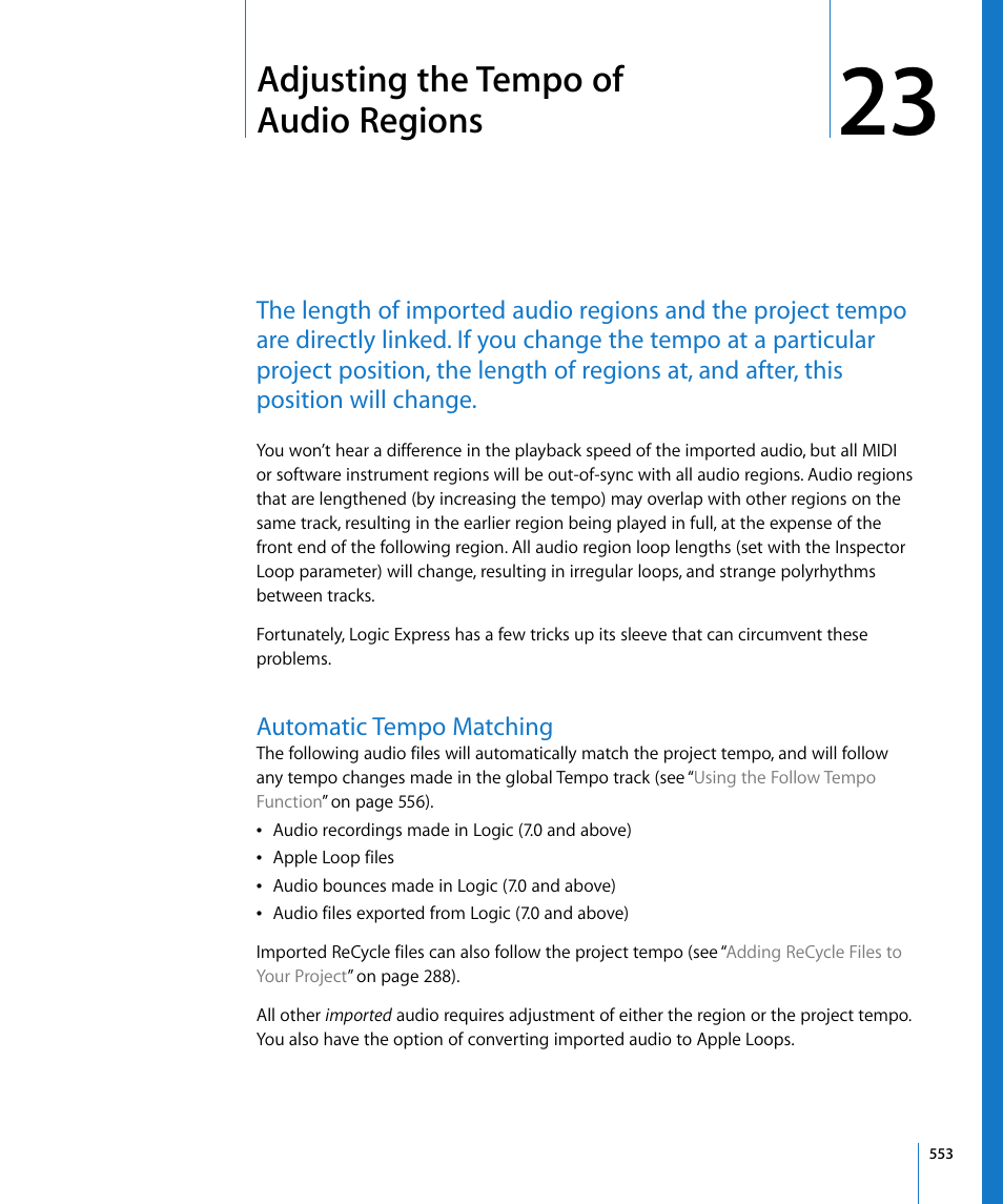 Adjusting the tempo of audio regions, Automatic tempo matching, Chapter 23 | Apple Logic Express 8 User Manual | Page 553 / 1055