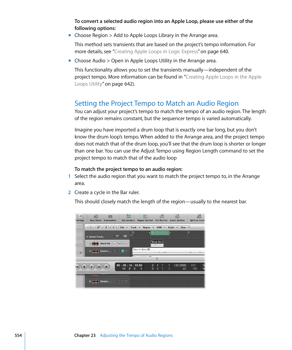 Setting the project tempo to match an audio region, Tion (see, Setting the project tempo to | Match an audio region | Apple Logic Express 8 User Manual | Page 554 / 1055