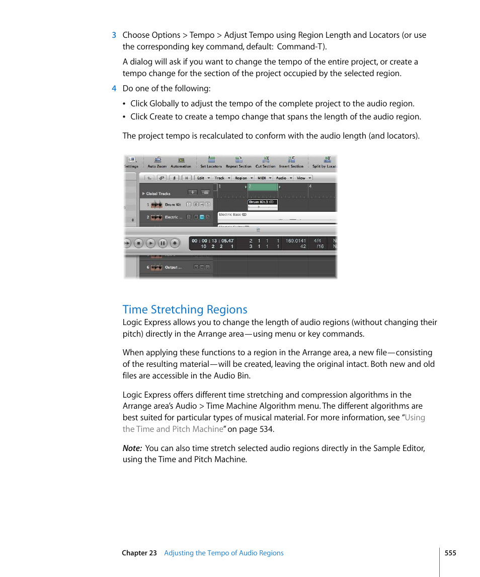 Time stretching regions, Omised (see, Time | Stretching regions | Apple Logic Express 8 User Manual | Page 555 / 1055