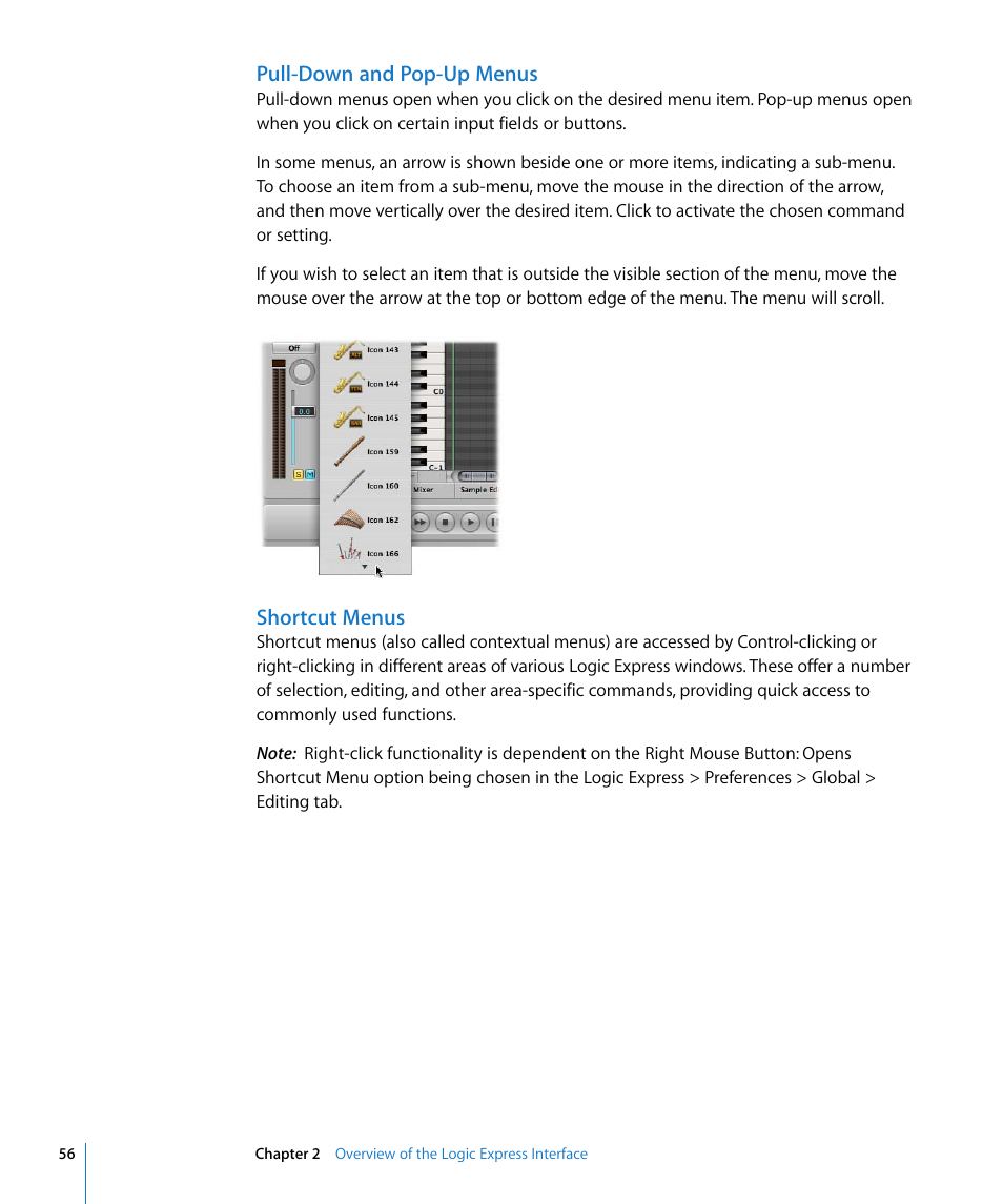 Pull-down and pop-up menus, Shortcut menus | Apple Logic Express 8 User Manual | Page 56 / 1055