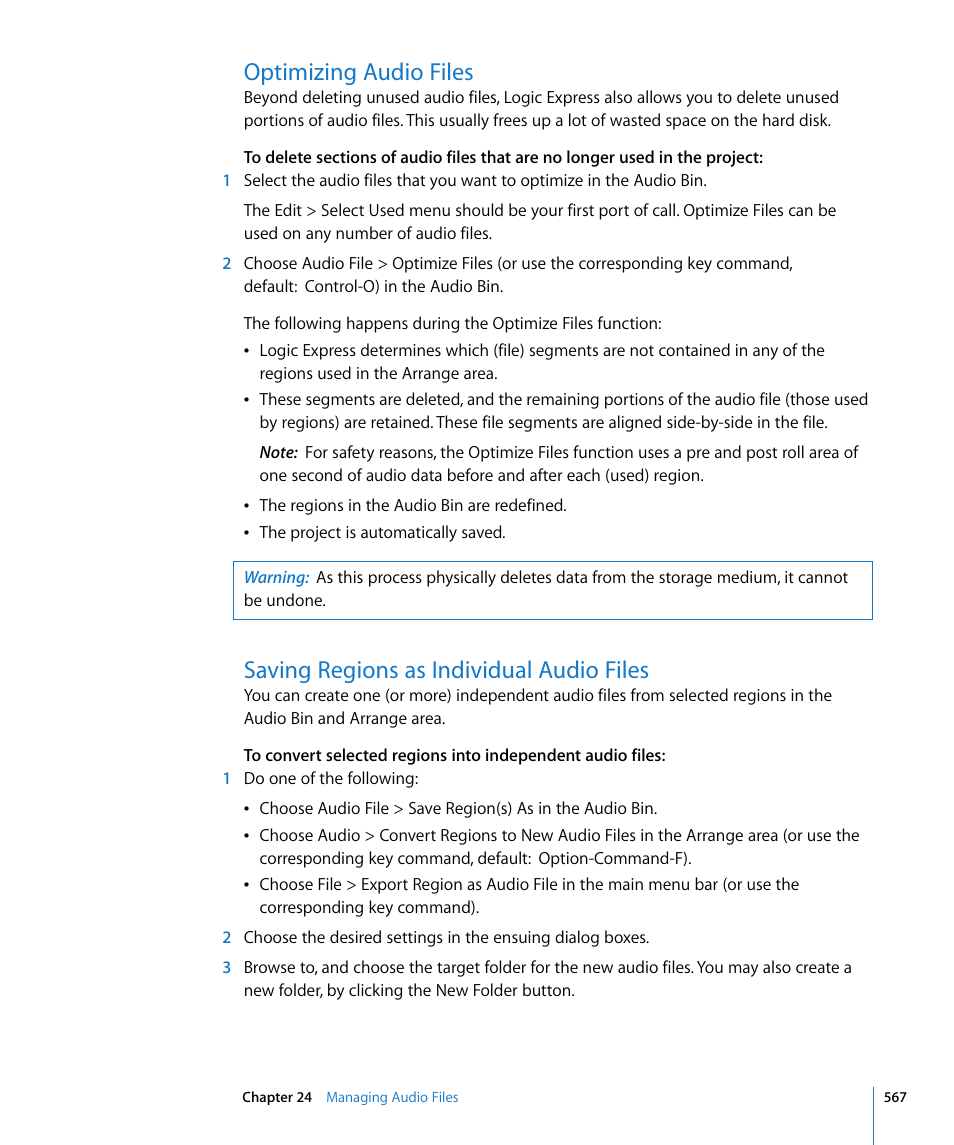 Optimizing audio files, Saving regions as individual audio files | Apple Logic Express 8 User Manual | Page 567 / 1055
