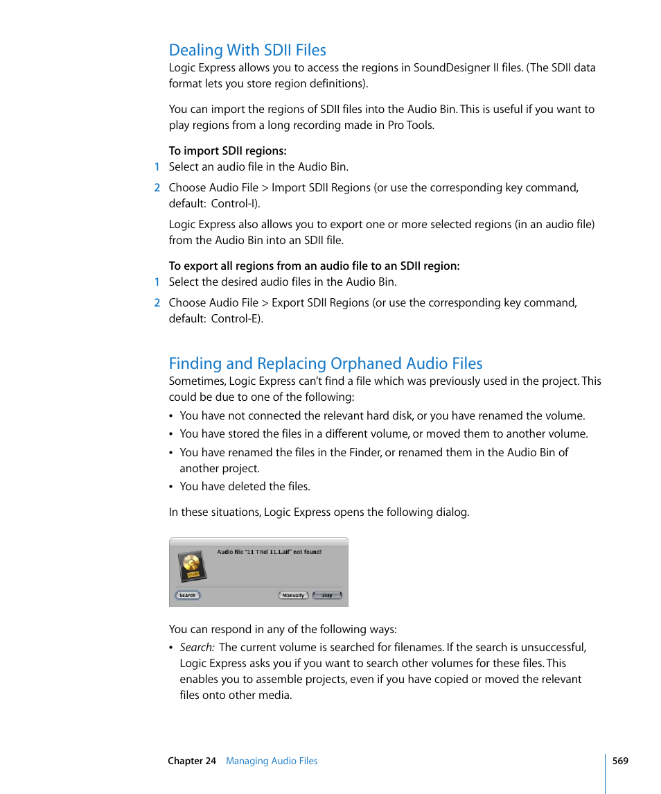 Dealing with sdii files, Finding and replacing orphaned audio files, Udio file (see | Apple Logic Express 8 User Manual | Page 569 / 1055
