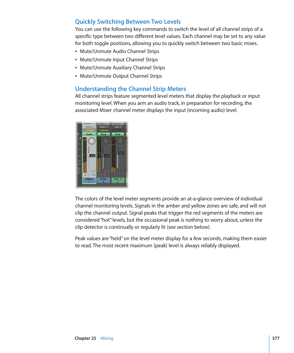 Quickly switching between two levels, Understanding the channel strip meters | Apple Logic Express 8 User Manual | Page 577 / 1055