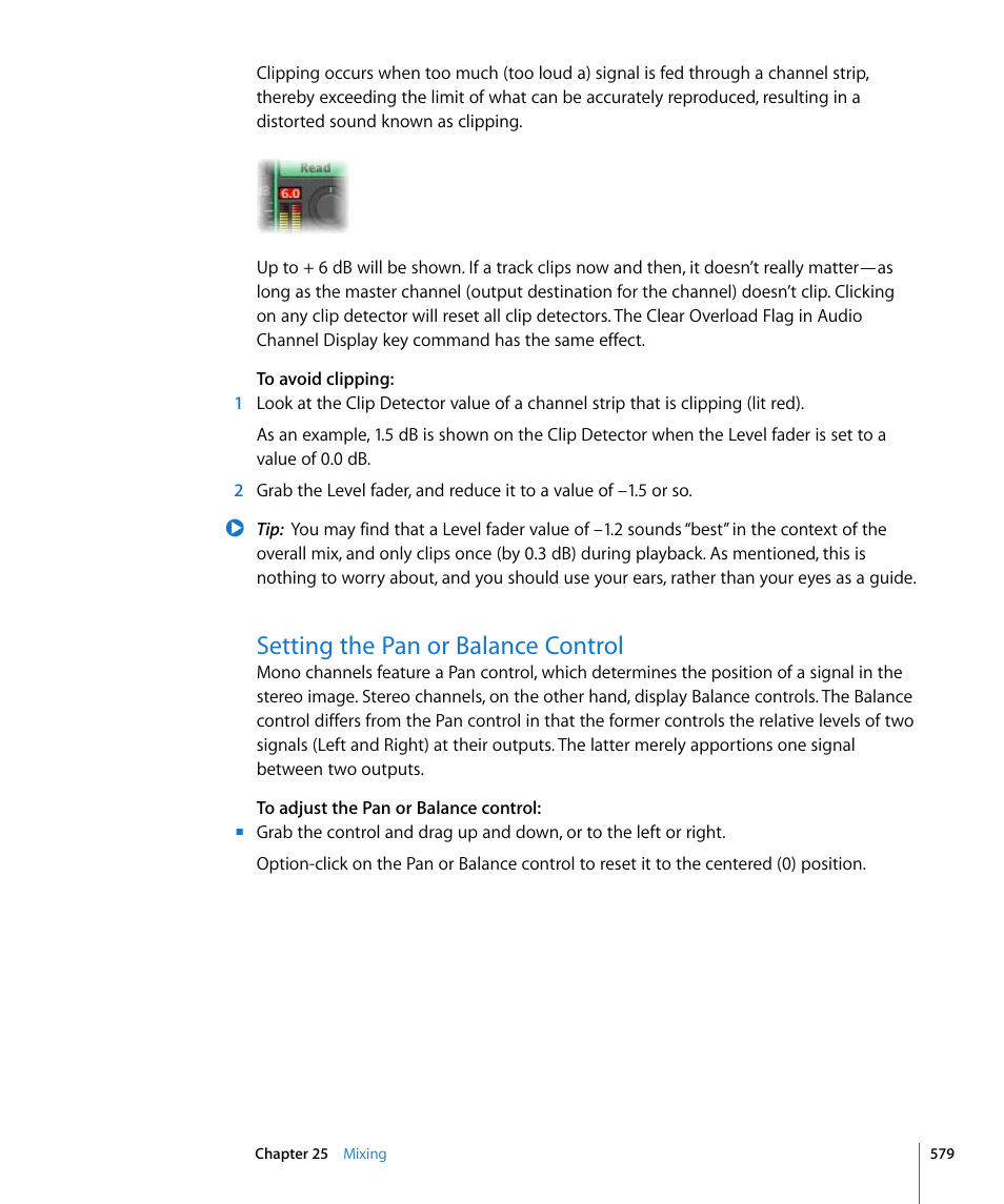 Setting the pan or balance control | Apple Logic Express 8 User Manual | Page 579 / 1055
