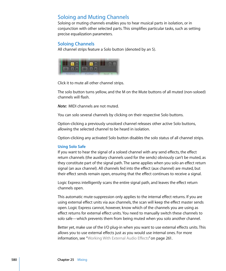 Soloing and muting channels, Soloing channels | Apple Logic Express 8 User Manual | Page 580 / 1055