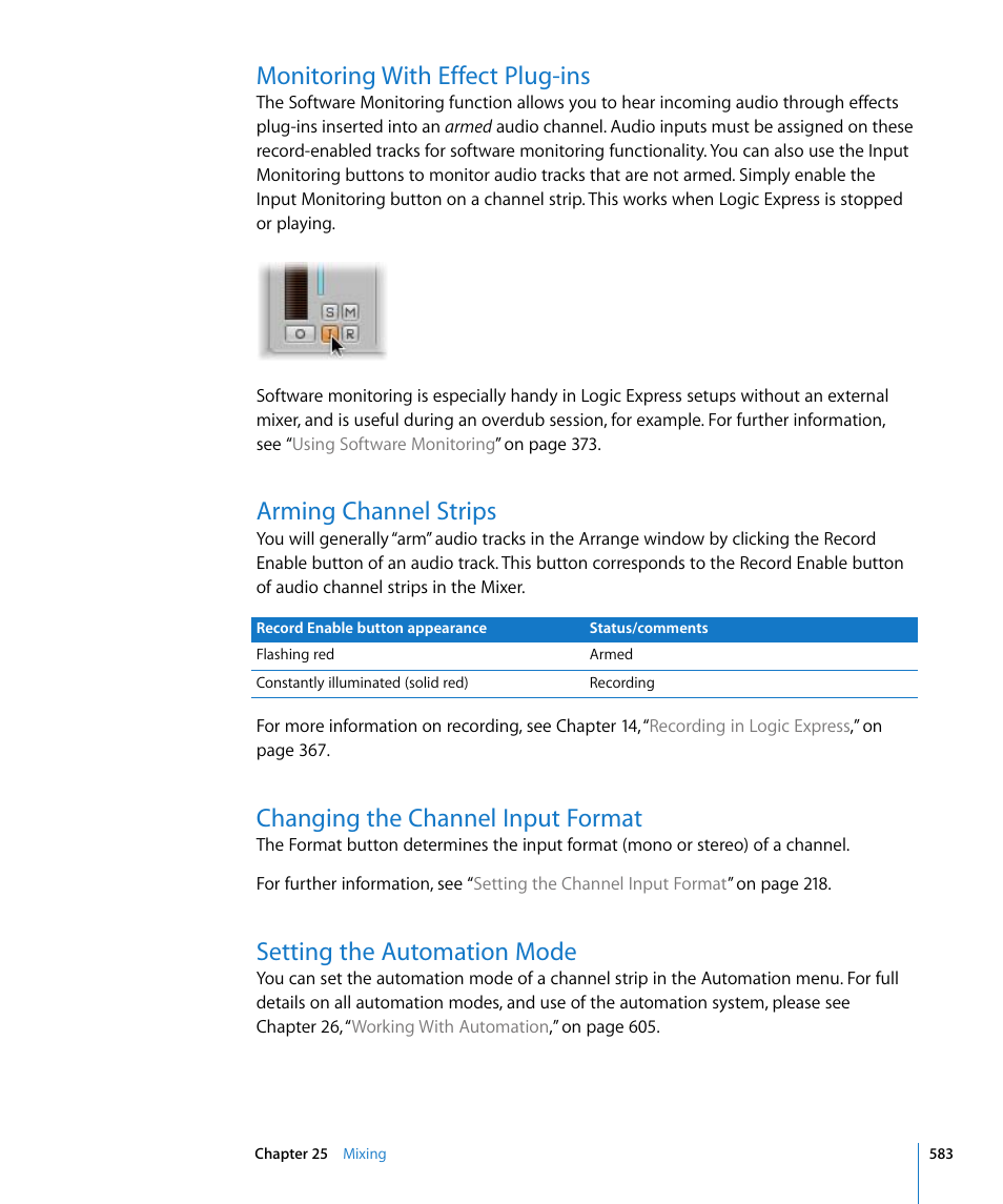 Monitoring with effect plug-ins, Arming channel strips, Changing the channel input format | Setting the automation mode | Apple Logic Express 8 User Manual | Page 583 / 1055