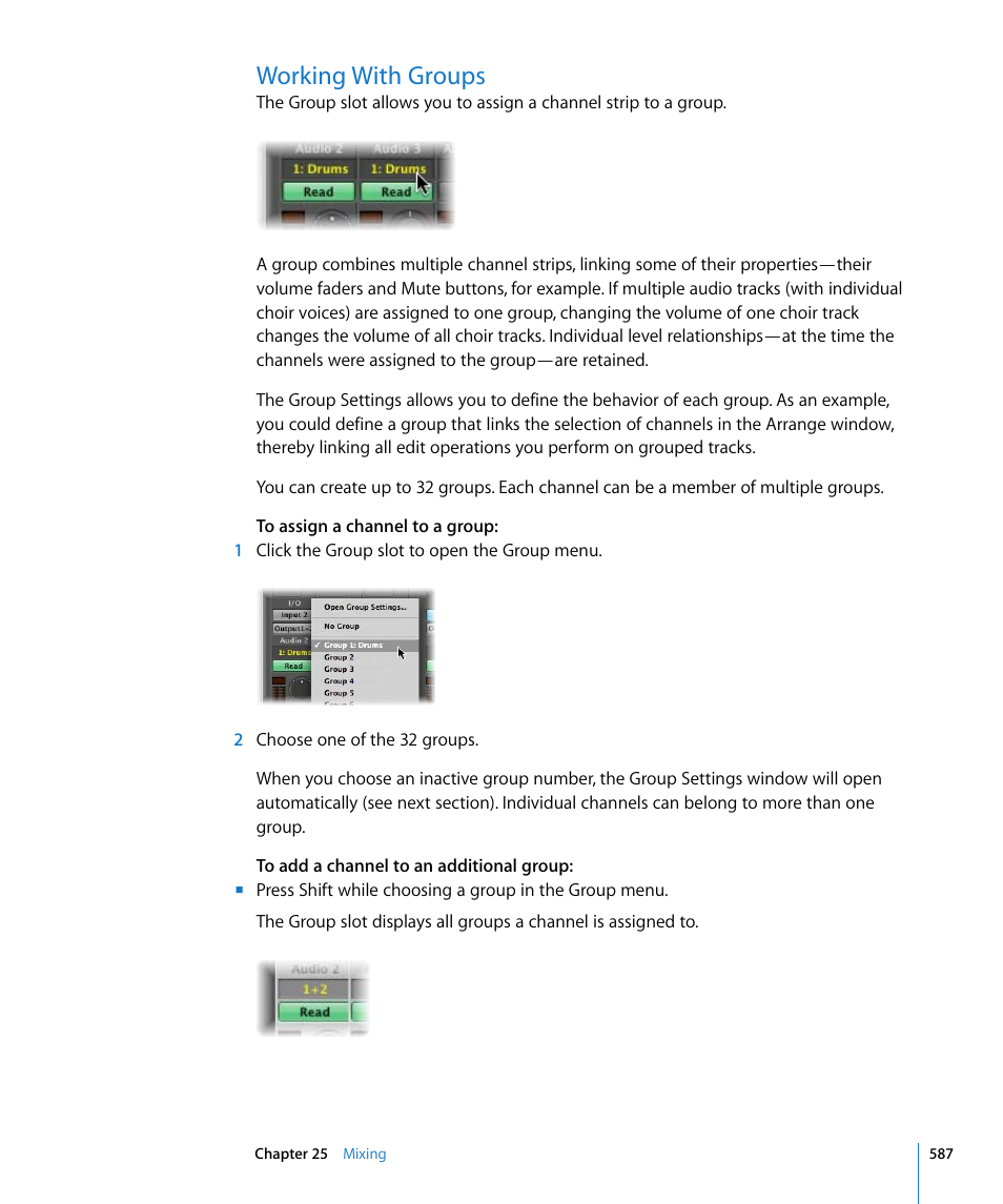 Working with groups, Or channel strips (see, Working with | Groups | Apple Logic Express 8 User Manual | Page 587 / 1055