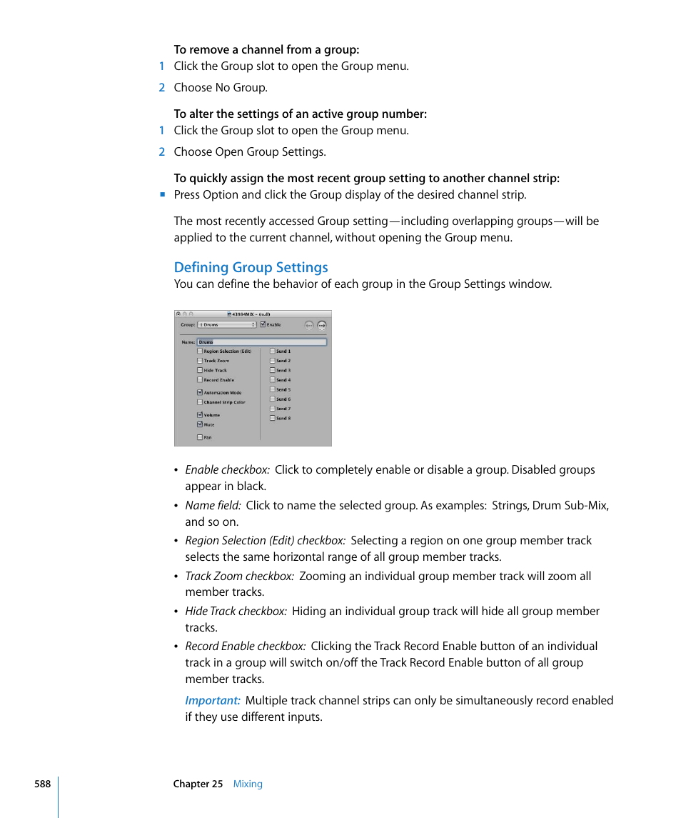 Defining group settings, Defining, Group settings | Apple Logic Express 8 User Manual | Page 588 / 1055