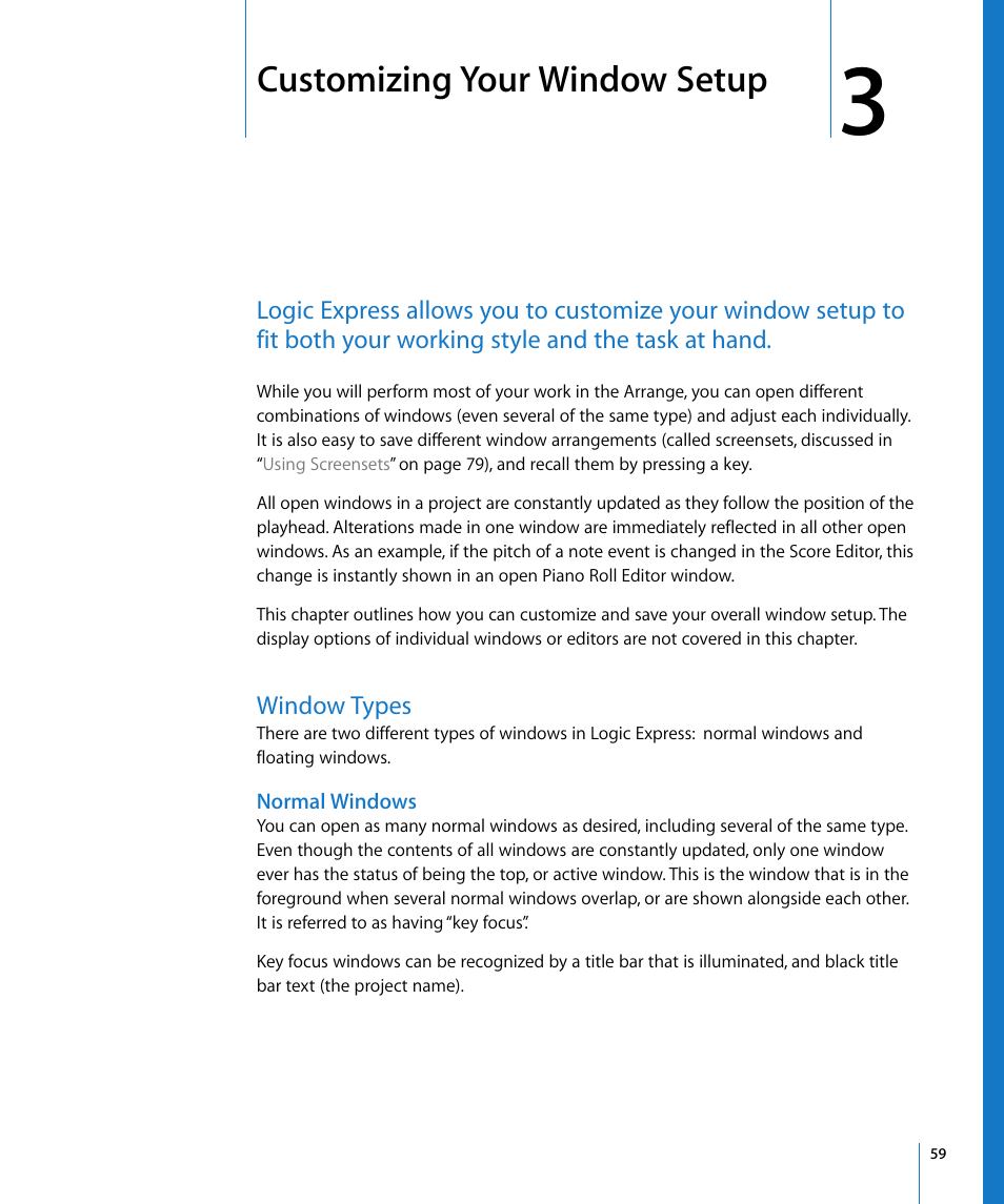 Customizing your window setup, Window types, Normal windows | Chapter 3 | Apple Logic Express 8 User Manual | Page 59 / 1055