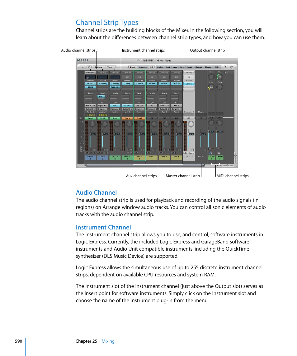Channel strip types, Audio channel, Instrument channel | Ound in | Apple Logic Express 8 User Manual | Page 590 / 1055