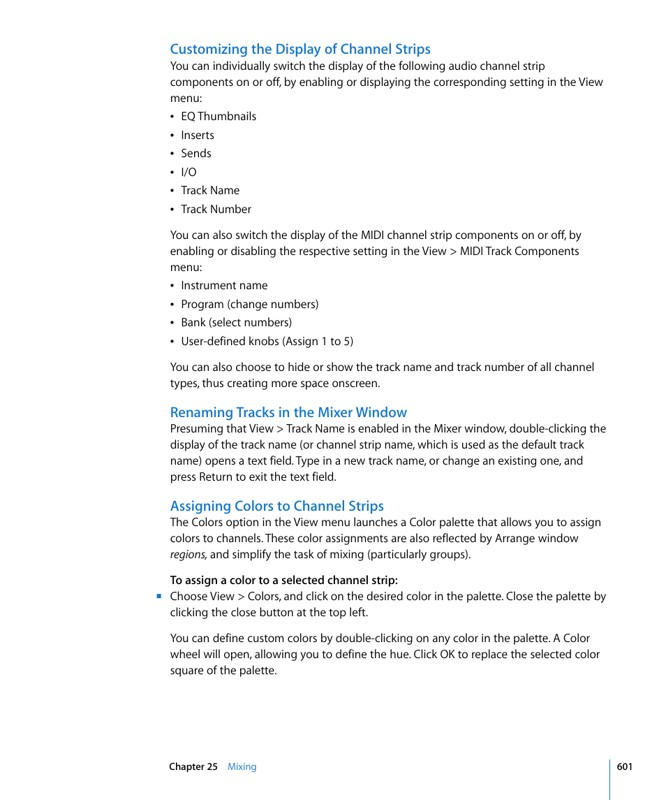 Customizing the display of channel strips, Renaming tracks in the mixer window, Assigning colors to channel strips | Renaming, Tracks in the mixer window | Apple Logic Express 8 User Manual | Page 601 / 1055