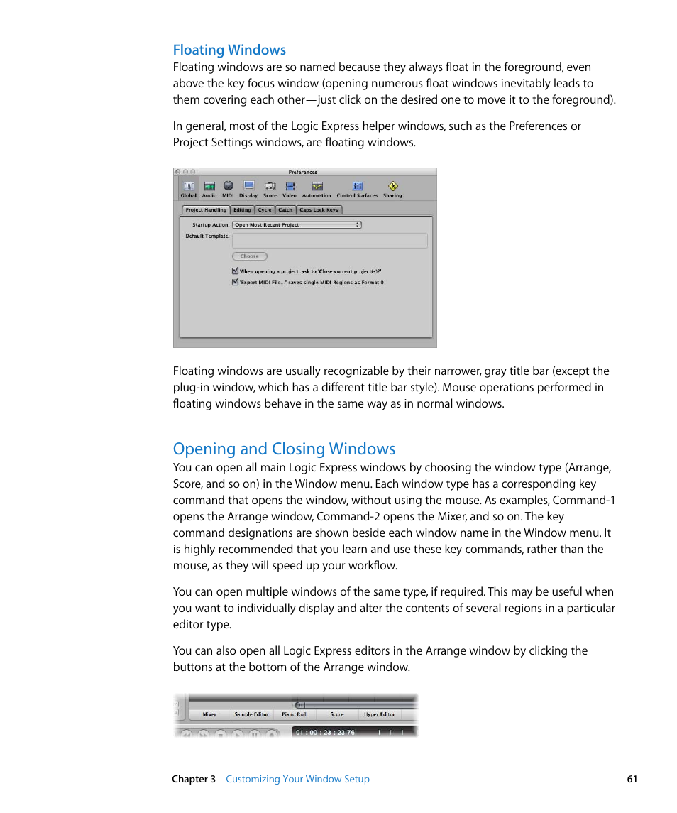 Floating windows, Opening and closing windows | Apple Logic Express 8 User Manual | Page 61 / 1055