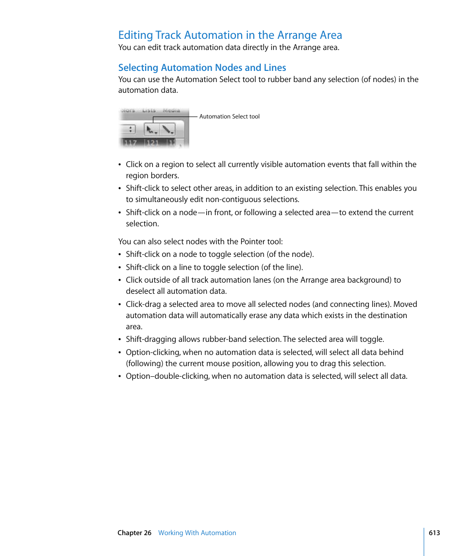 Editing track automation in the arrange area, Selecting automation nodes and lines | Apple Logic Express 8 User Manual | Page 613 / 1055
