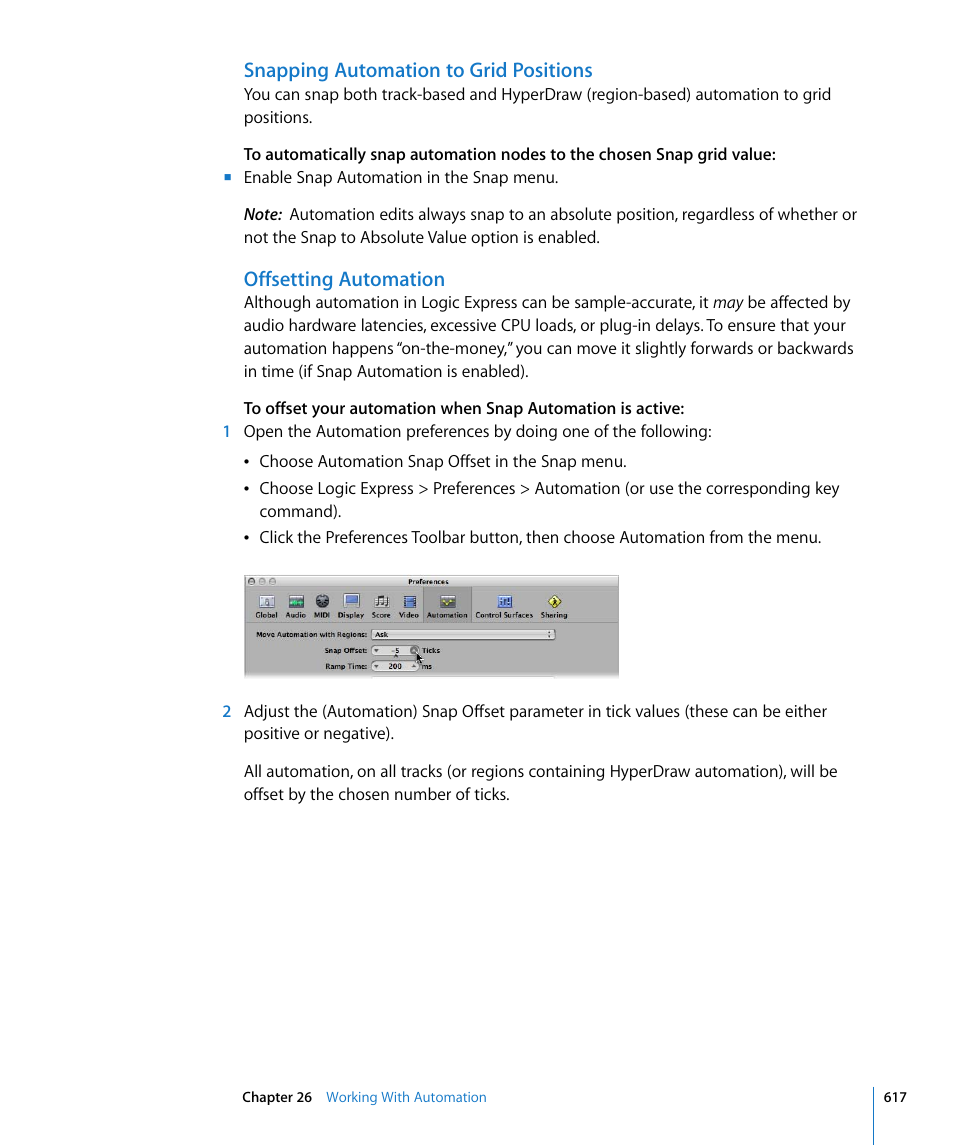 Snapping automation to grid positions, Offsetting automation | Apple Logic Express 8 User Manual | Page 617 / 1055