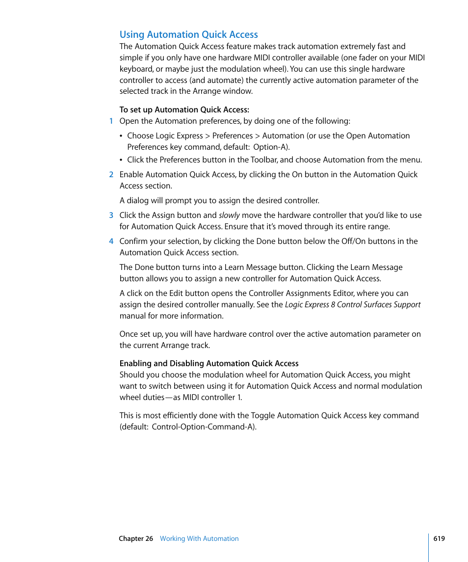 Using automation quick access | Apple Logic Express 8 User Manual | Page 619 / 1055