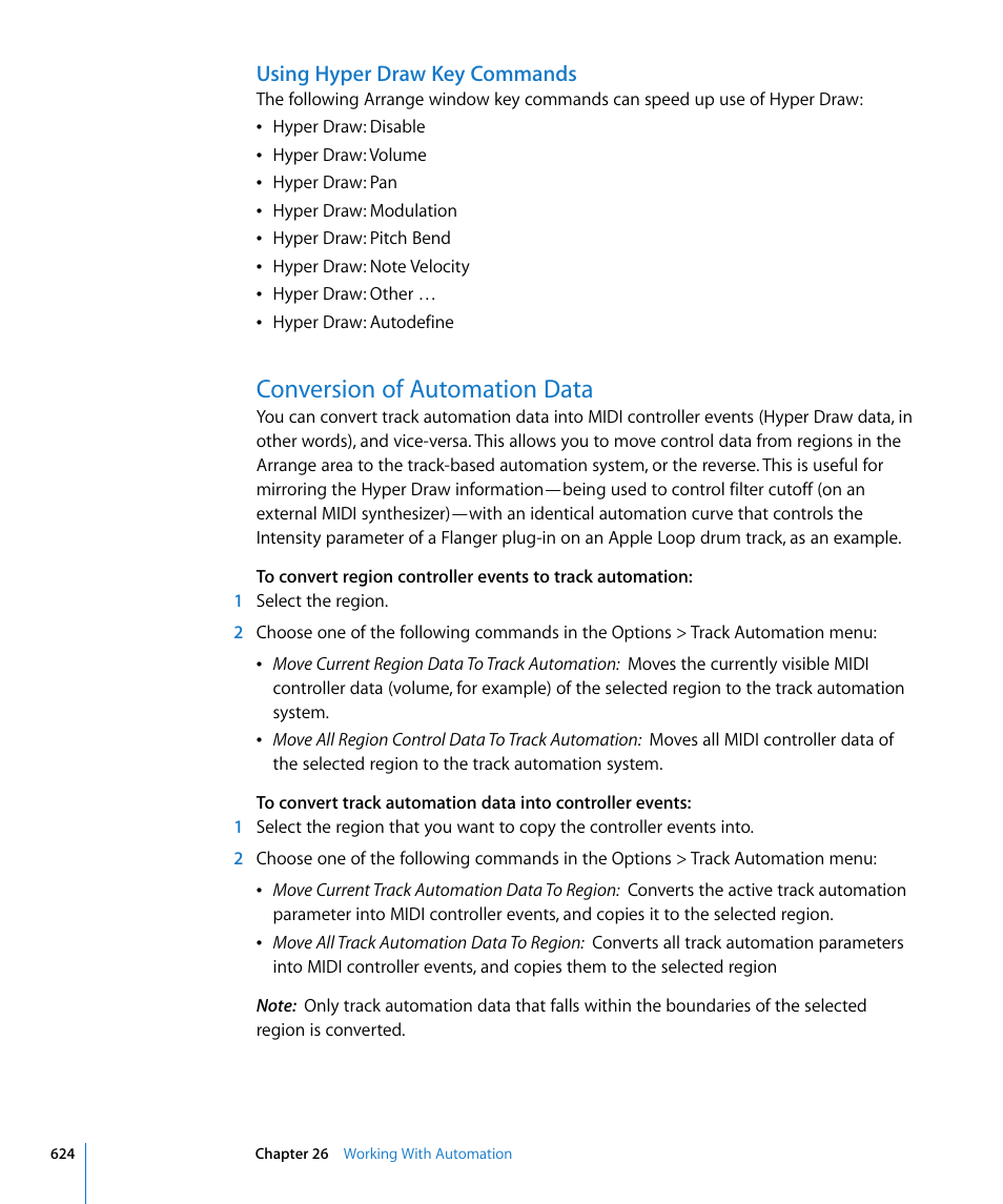 Using hyper draw key commands, Conversion of automation data | Apple Logic Express 8 User Manual | Page 624 / 1055