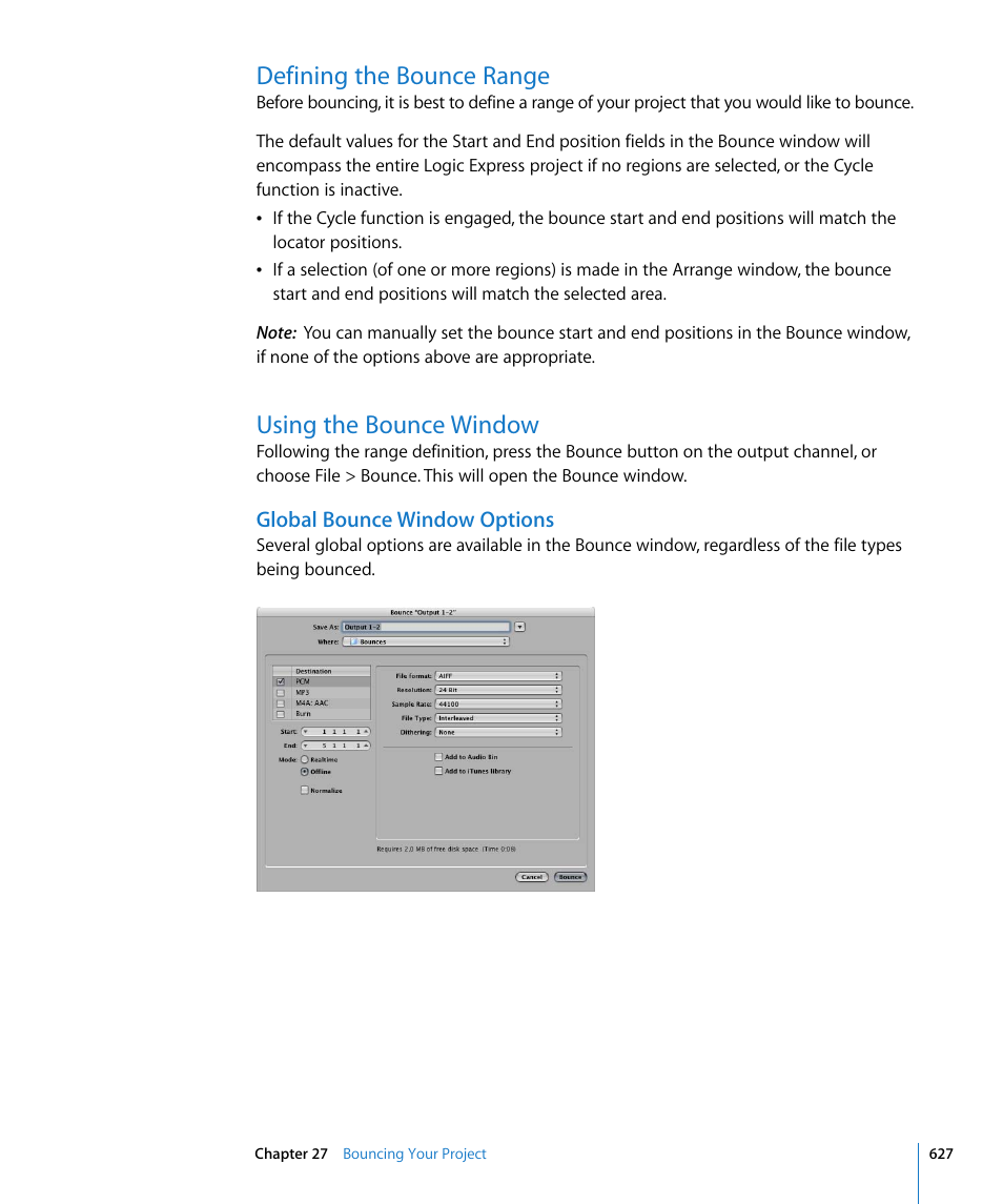 Defining the bounce range, Using the bounce window, Global bounce window options | E range (see, W (see | Apple Logic Express 8 User Manual | Page 627 / 1055