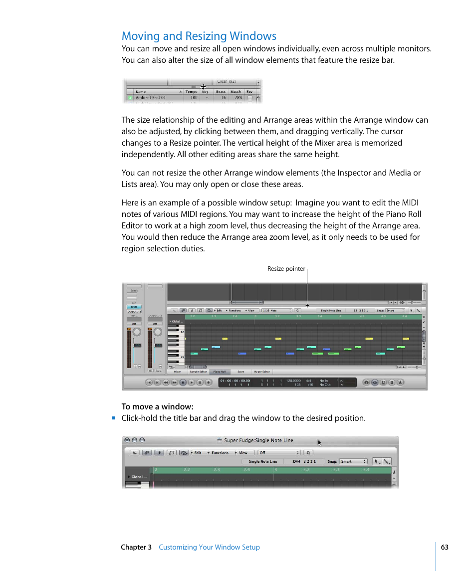Moving and resizing windows | Apple Logic Express 8 User Manual | Page 63 / 1055