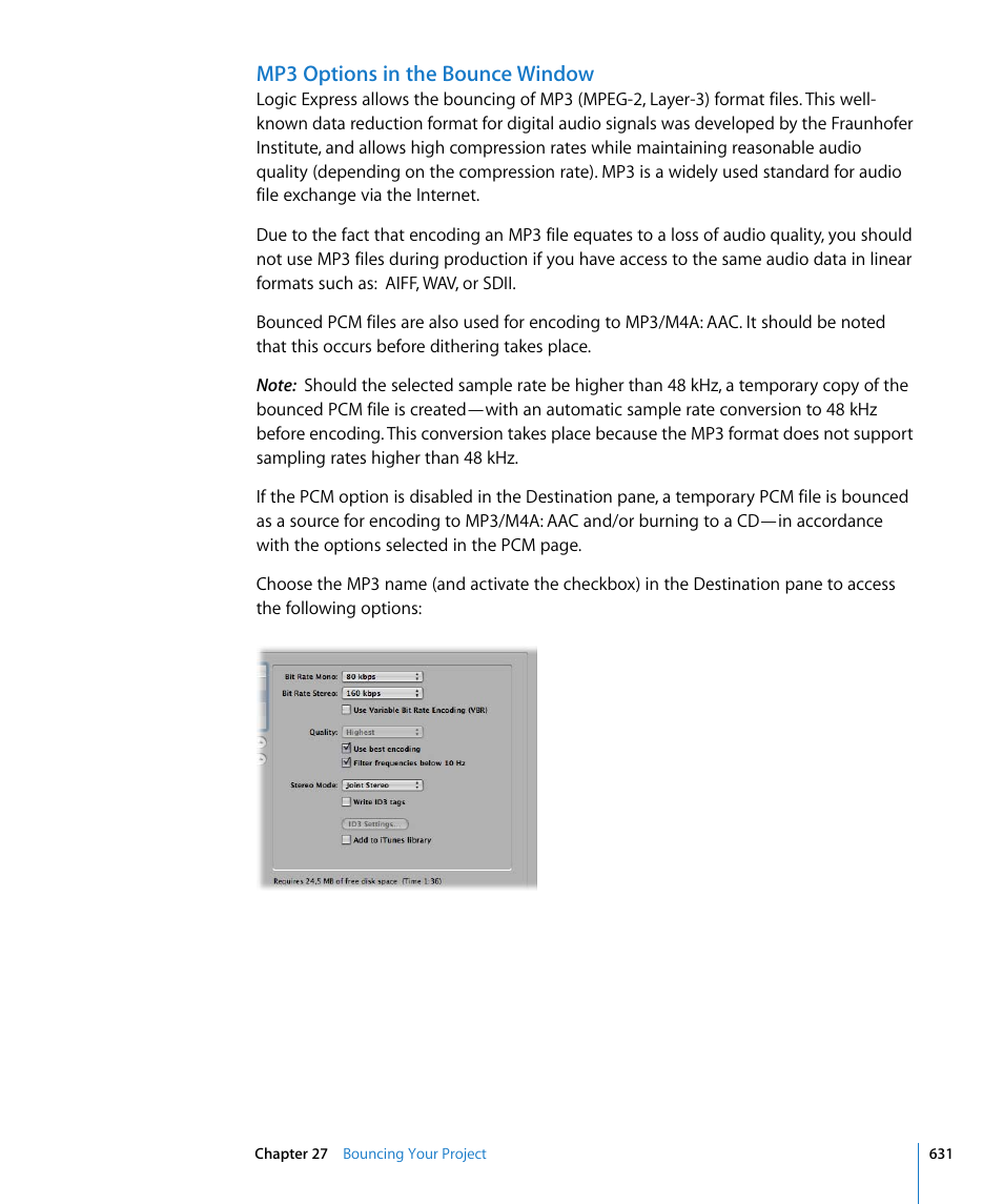 Mp3 options in the bounce window | Apple Logic Express 8 User Manual | Page 631 / 1055