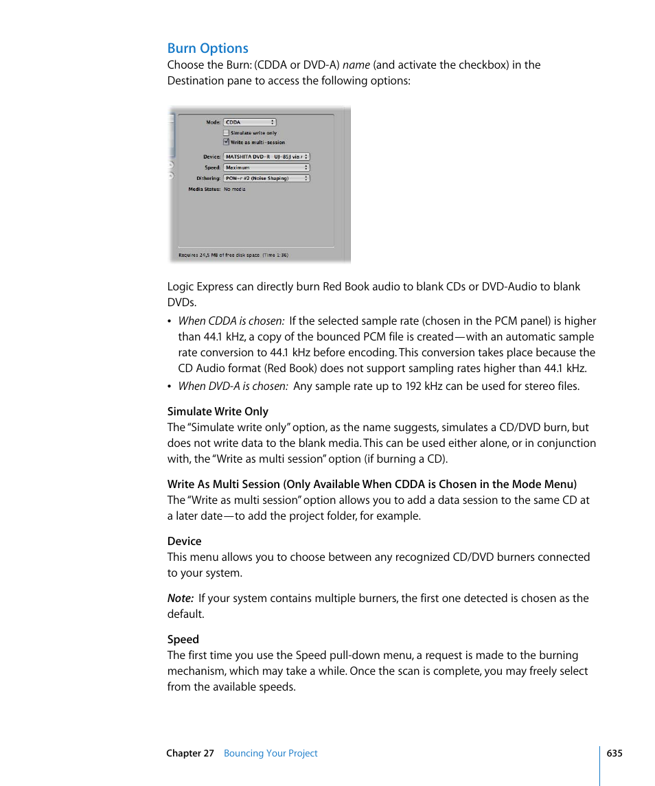 Burn options | Apple Logic Express 8 User Manual | Page 635 / 1055