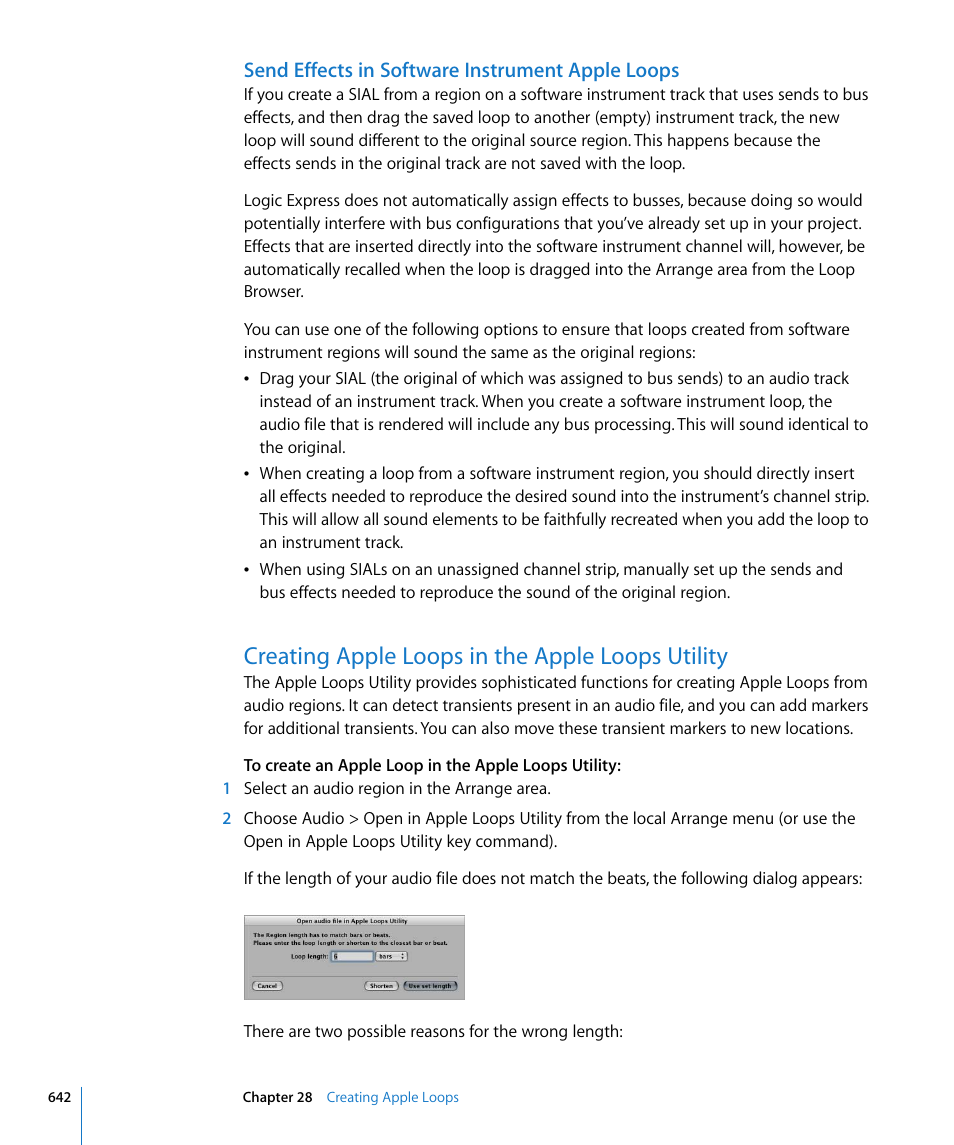 Send effects in software instrument apple loops, Creating apple loops in the apple loops utility, Ound in | Creating apple loops in the apple, Loops utility, Ormation on, Can be f | Apple Logic Express 8 User Manual | Page 642 / 1055