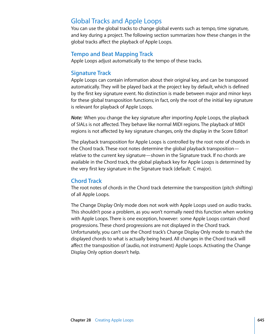 Global tracks and apple loops, Tempo and beat mapping track, Signature track | Chord track, Tion on | Apple Logic Express 8 User Manual | Page 645 / 1055