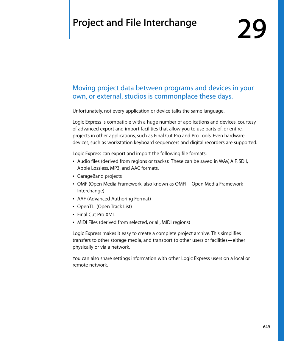 Project and file interchange, Chapter 29, See chapter 29 | Project and file, Interchange, Ound in chapter 29 | Apple Logic Express 8 User Manual | Page 649 / 1055