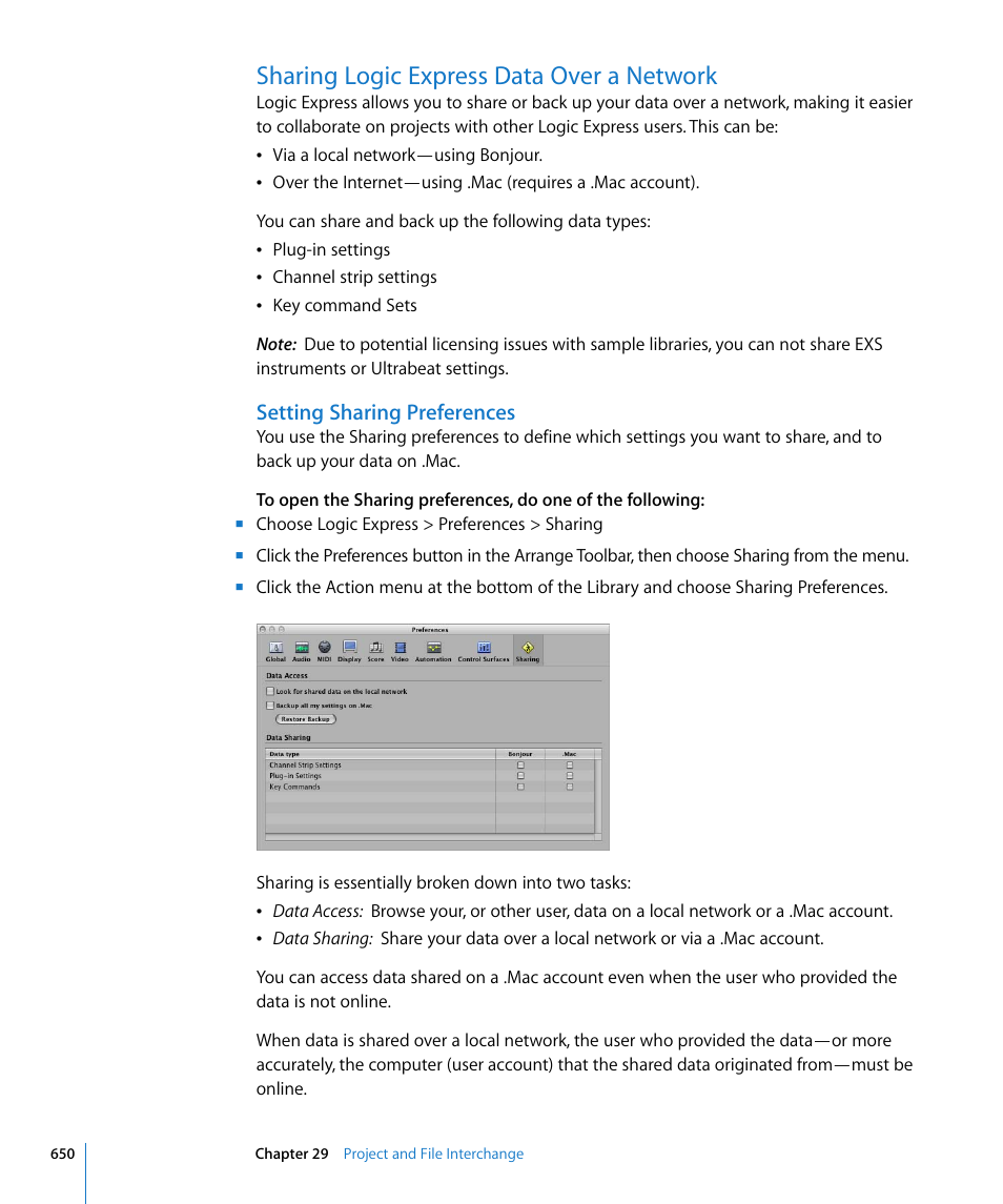 Sharing logic express data over a network, Setting sharing preferences, T (see | Sharing, Logic express data over a network | Apple Logic Express 8 User Manual | Page 650 / 1055
