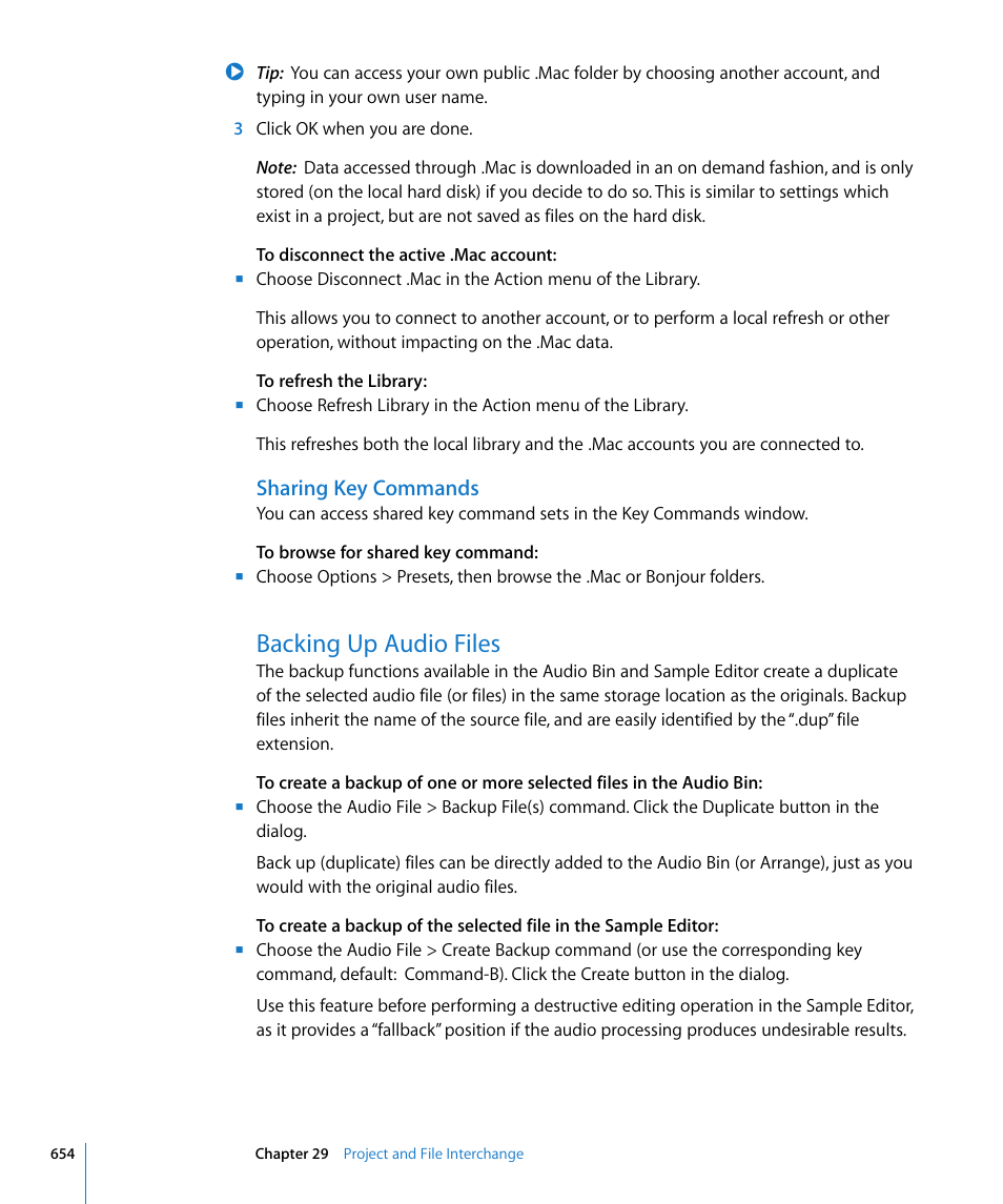Sharing key commands, Backing up audio files | Apple Logic Express 8 User Manual | Page 654 / 1055