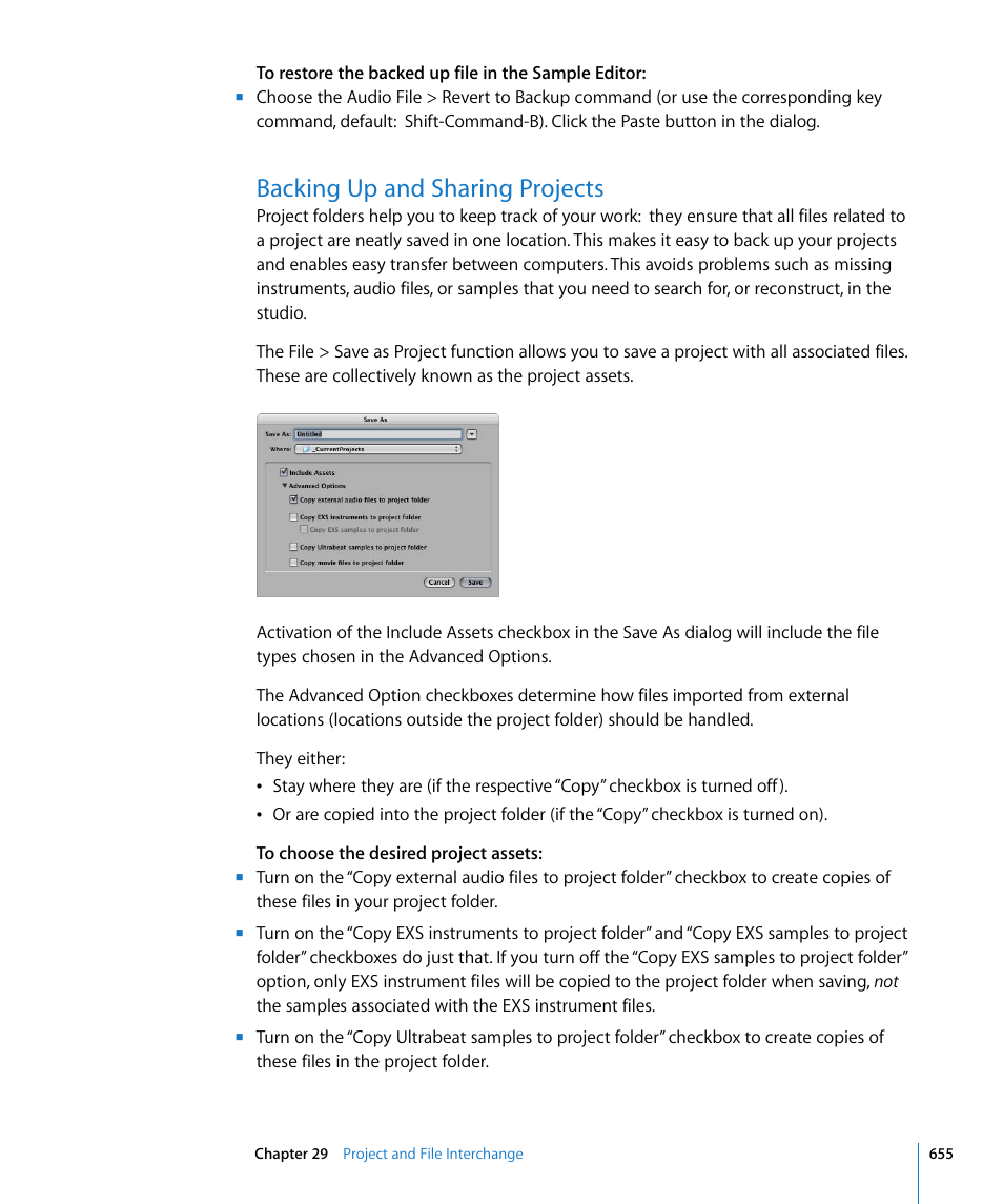 Backing up and sharing projects | Apple Logic Express 8 User Manual | Page 655 / 1055