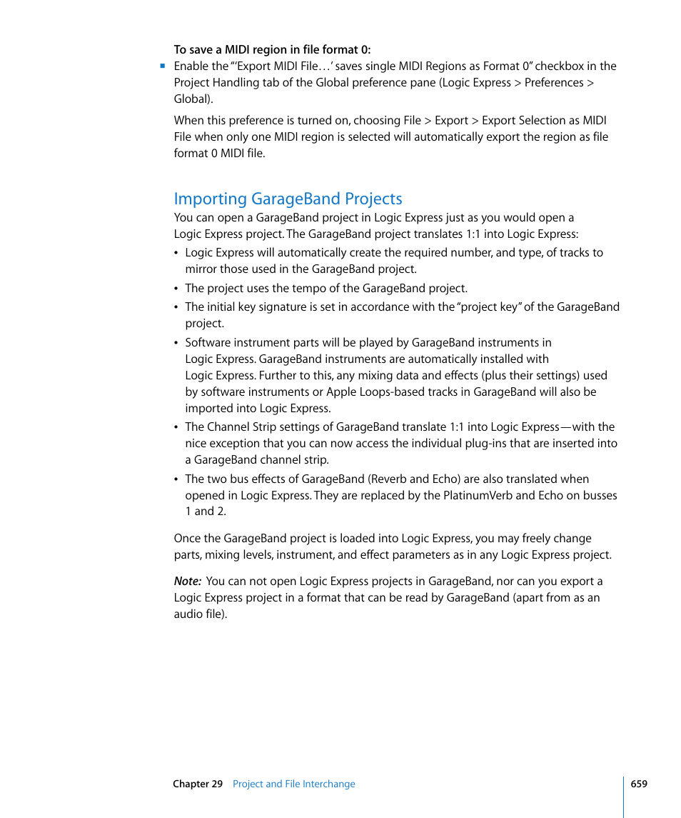 Importing garageband projects | Apple Logic Express 8 User Manual | Page 659 / 1055