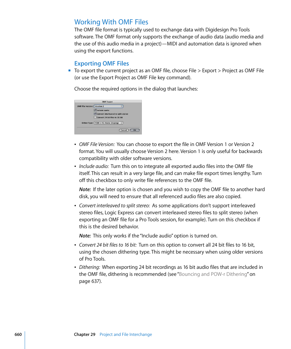 Working with omf files, Exporting omf files | Apple Logic Express 8 User Manual | Page 660 / 1055
