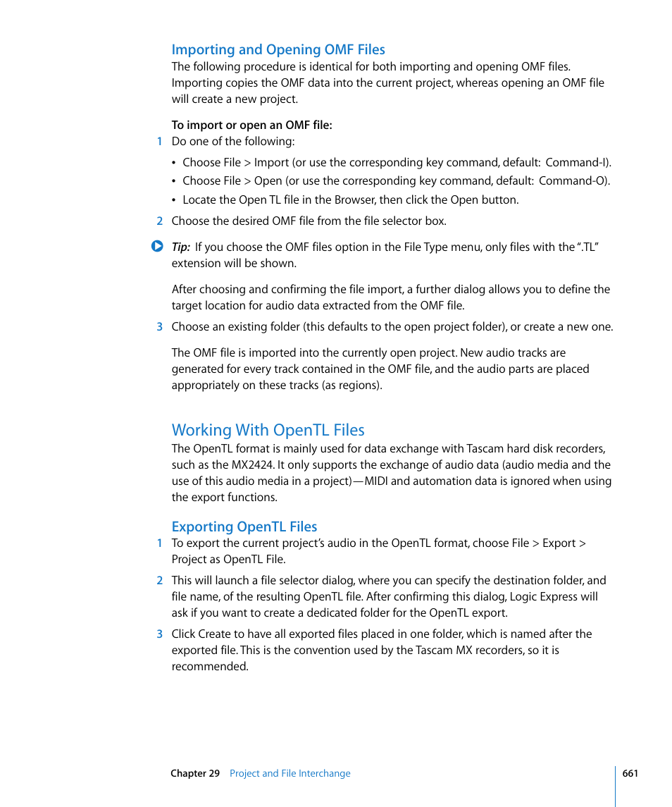 Importing and opening omf files, Working with opentl files, Exporting opentl files | Apple Logic Express 8 User Manual | Page 661 / 1055