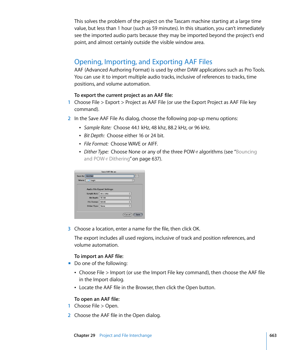 Opening, importing, and exporting aaf files | Apple Logic Express 8 User Manual | Page 663 / 1055
