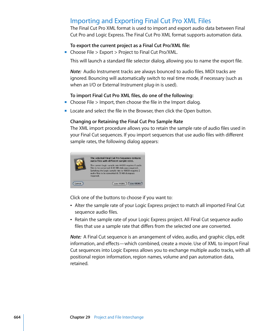 Importing and exporting final cut pro xml files | Apple Logic Express 8 User Manual | Page 664 / 1055