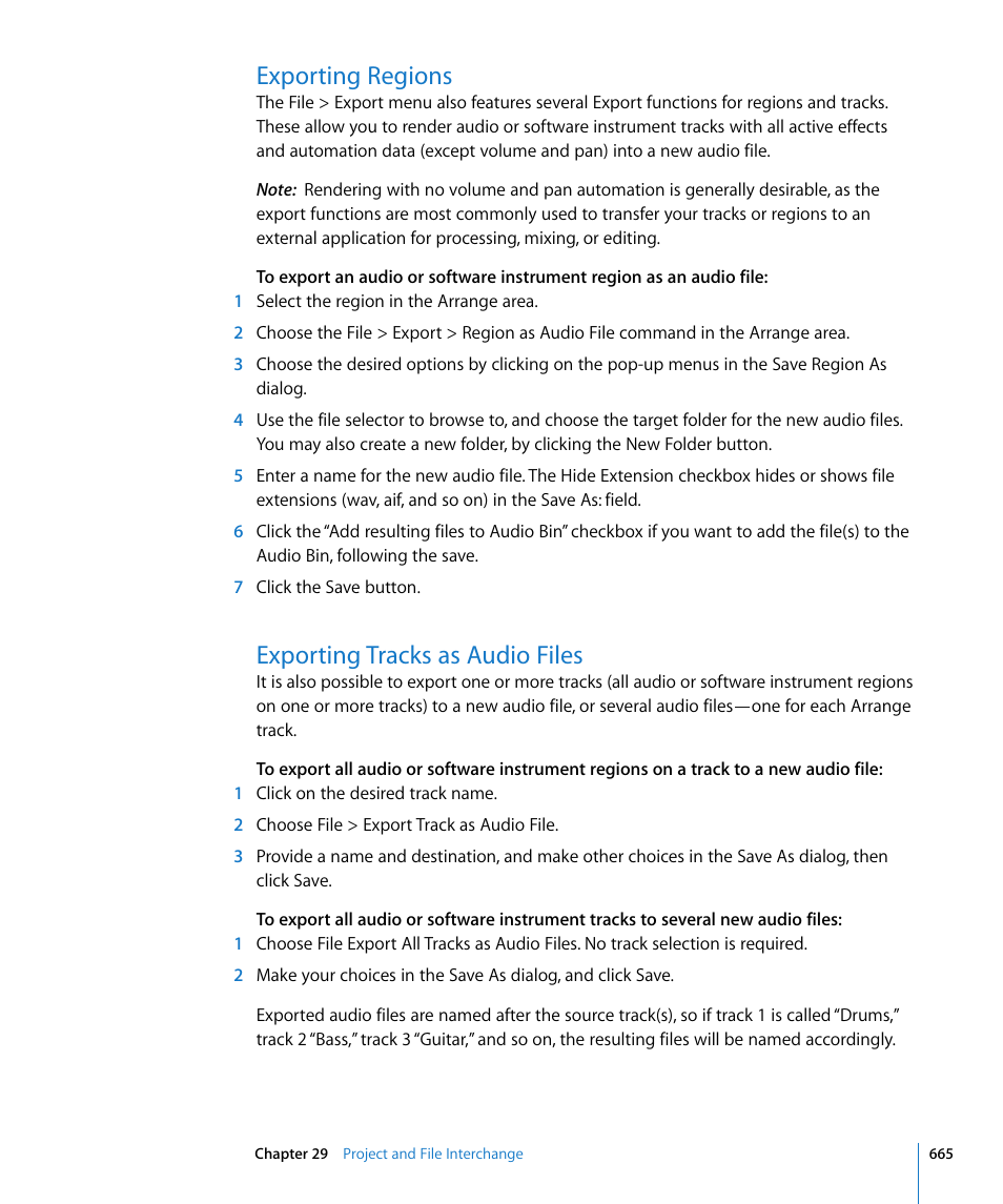 Exporting regions, Exporting tracks as audio files | Apple Logic Express 8 User Manual | Page 665 / 1055