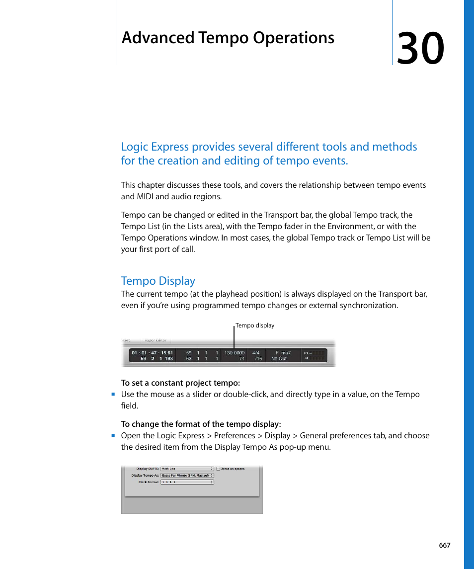 Advanced tempo operations, Tempo display, Chapter 30 | Apple Logic Express 8 User Manual | Page 667 / 1055