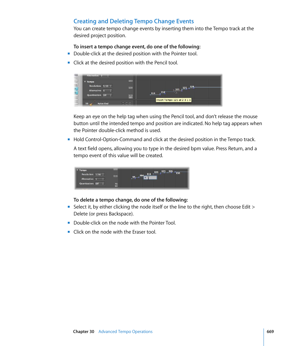 Creating and deleting tempo change events | Apple Logic Express 8 User Manual | Page 669 / 1055